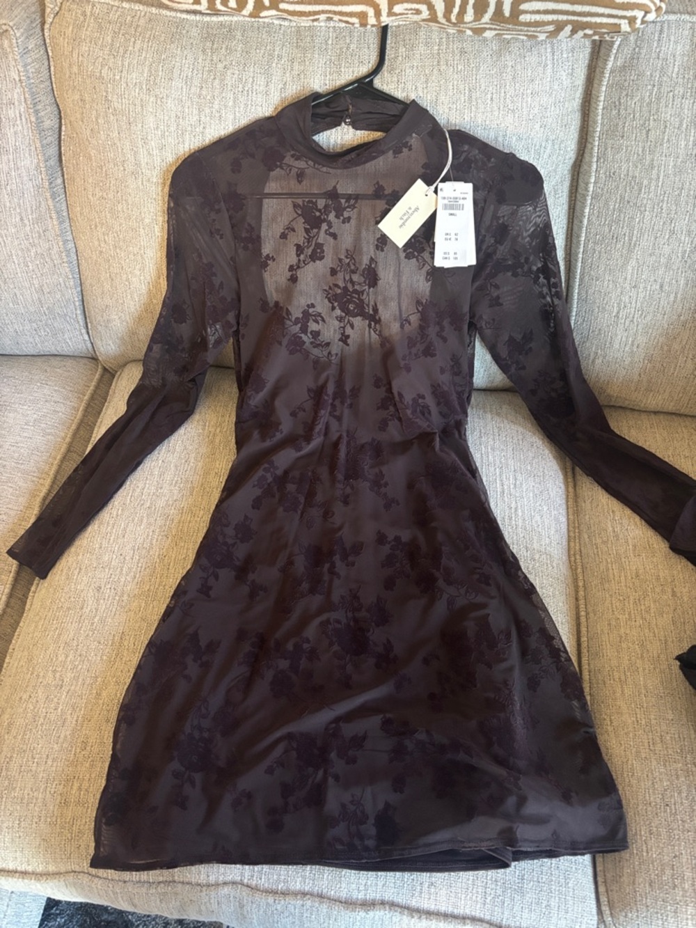 Abercrombie & Fitch Dark Brown Long Sleeve Floral Mesh Dress